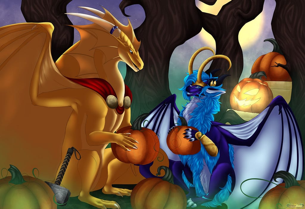 Tsargoth and Embyr in Thor and Loki costumes picking pumpkins